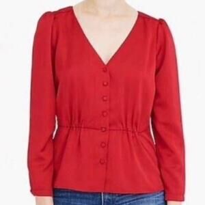 J. Crew Festive Red Long-Sleeve Button Front Peplum Satin Holiday Blouse Size 2